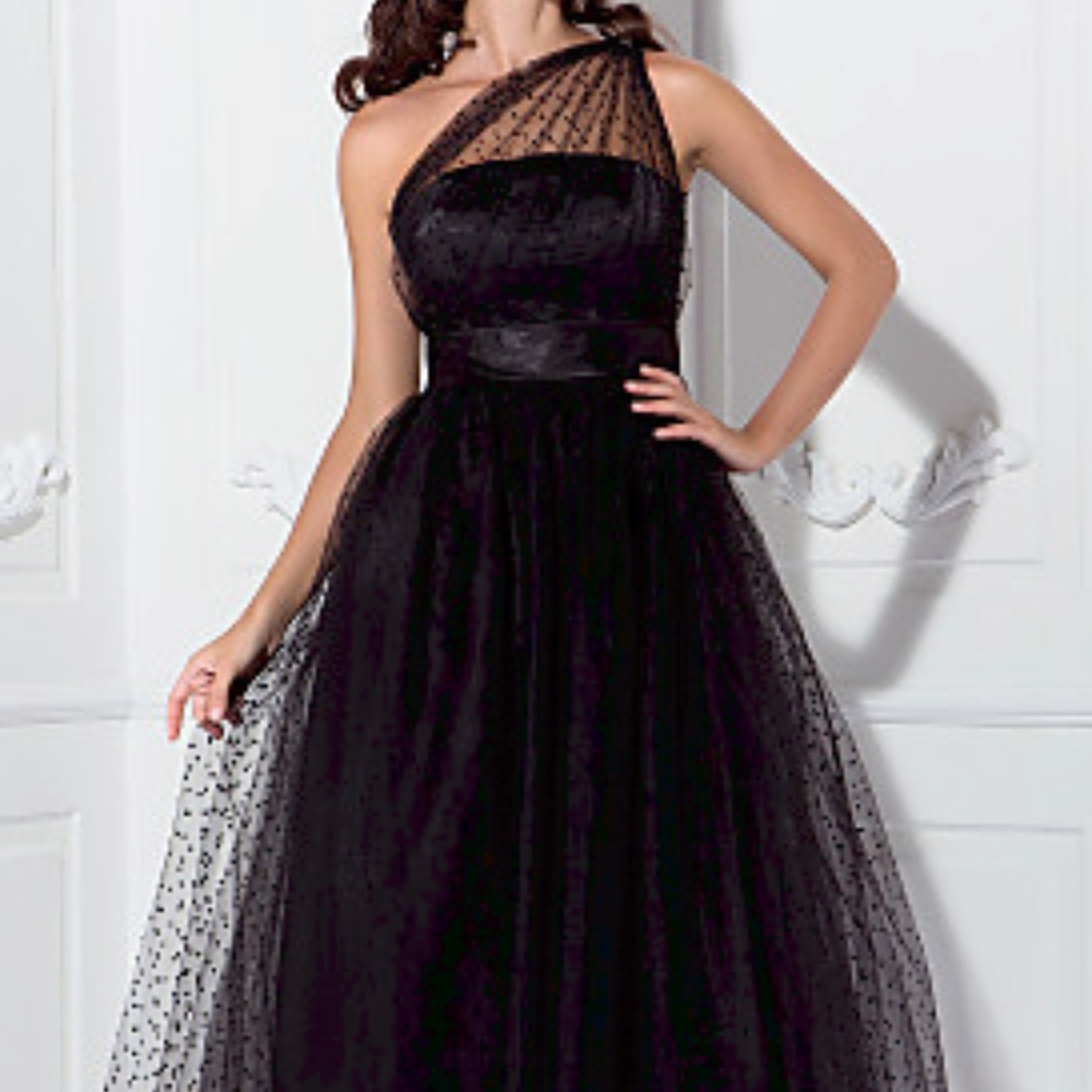 One Shoulder Ankle Length Tulle Black Dress 16W